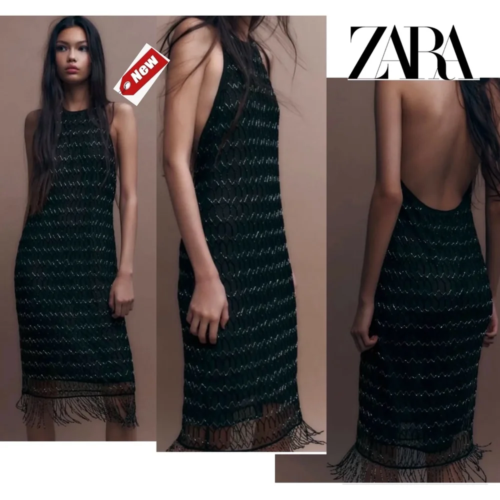 Zara Festive days limited collection black silver beaded fringe midi dress L NWT - Picture 1 of 13